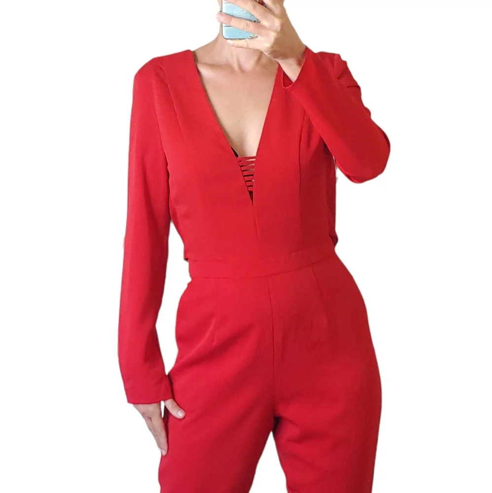 Adelyn Rae Red long sleeves jumpsuit slimly cut open back size small
